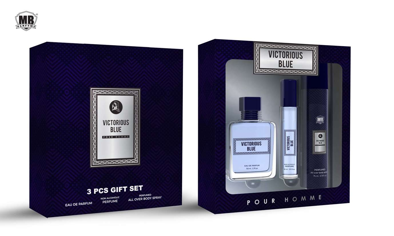 Set parfum cadou barbati, Victorious Blue, apa de parfum 50 ml, roll-on 15ml, spray corp 50ml
